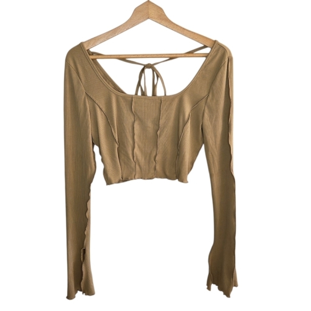 SheIn Caramel Cropped Ribbed Long Sleeve Top Tie Back Exposed Seam Size Large